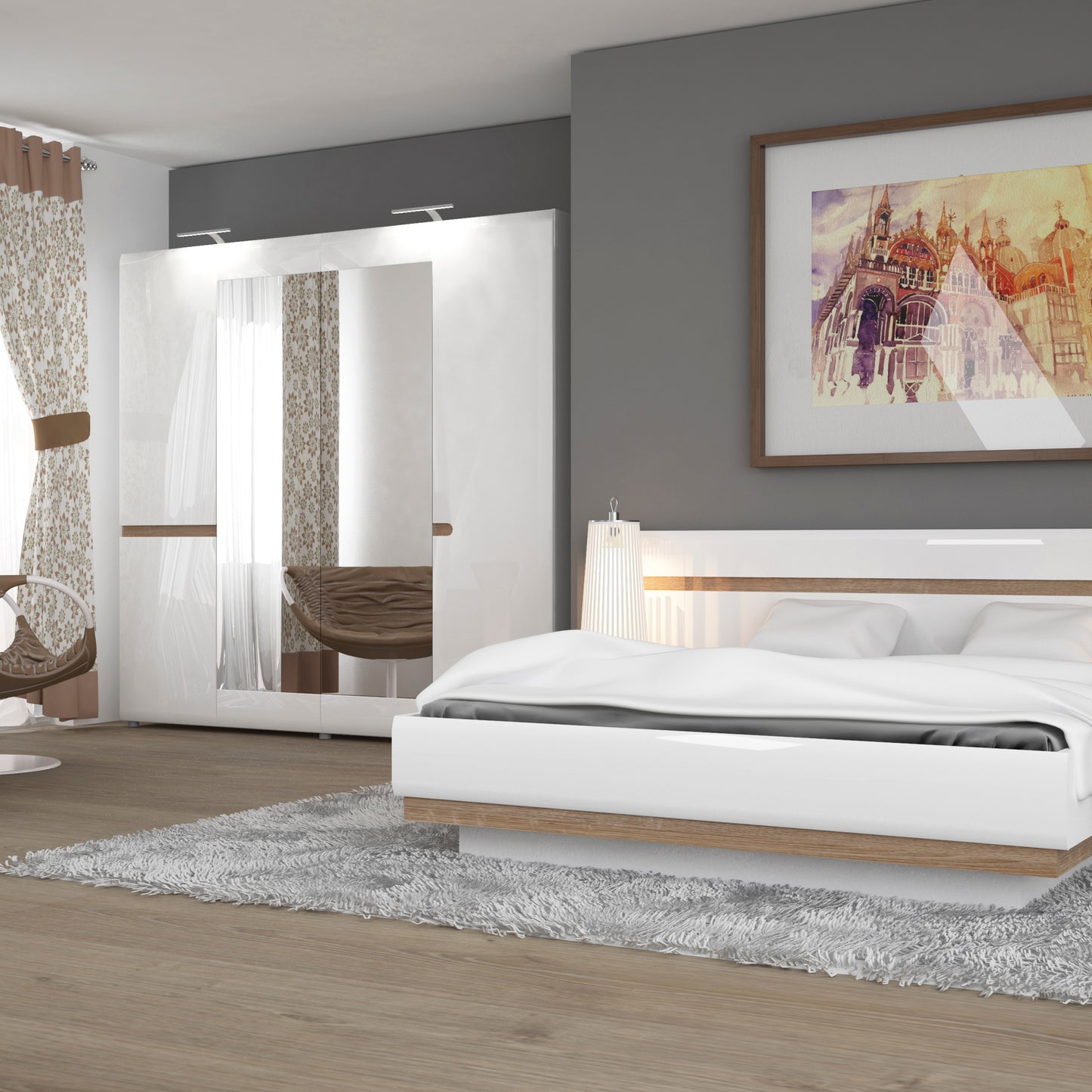 Chelsea Bedroom Kingsize Bed in White with a Oak Trim with Lift Up Function