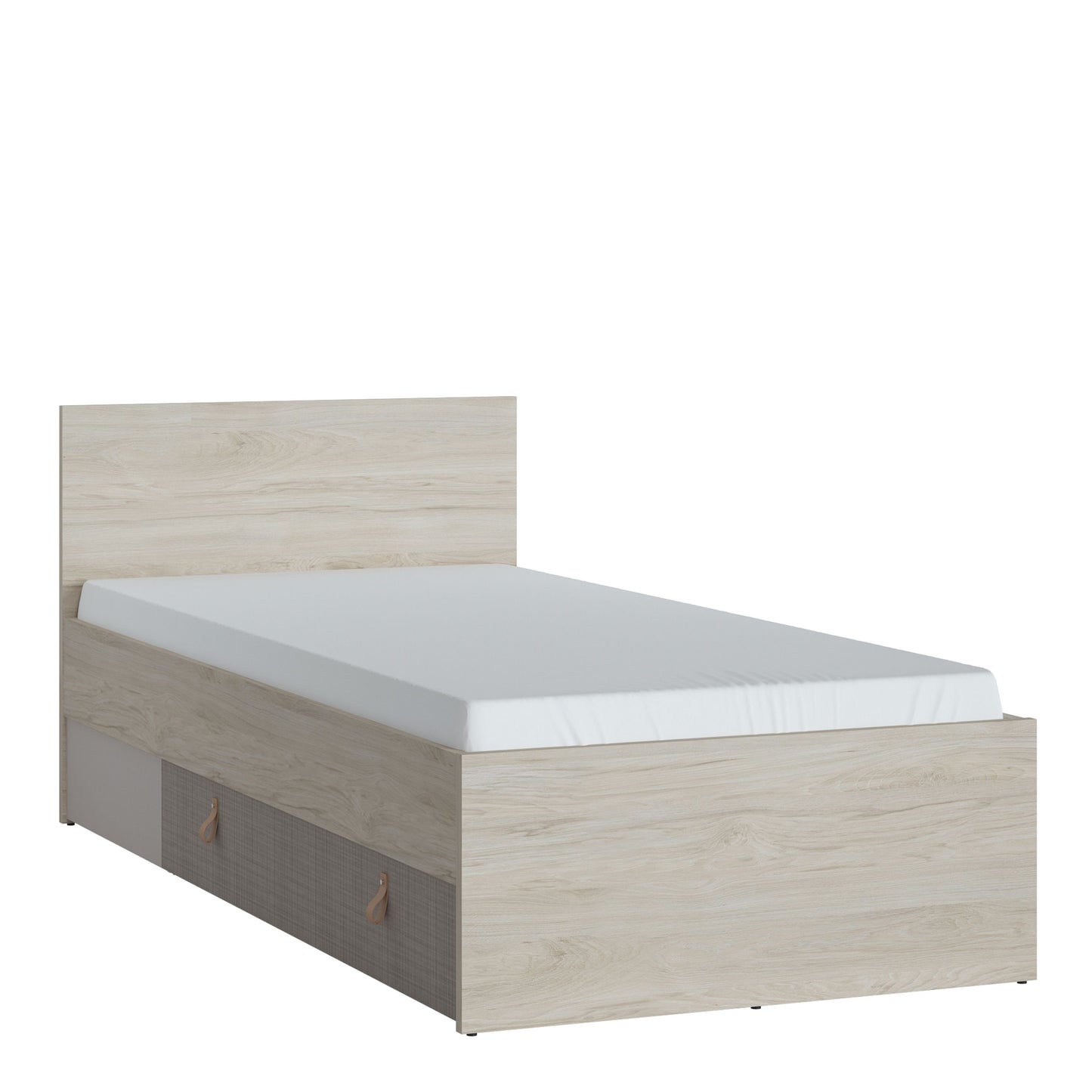 Denim Bed with 1 Drawer in Light Walnut, Grey Fabric Effect and Cashmere 90cm / 120 cm