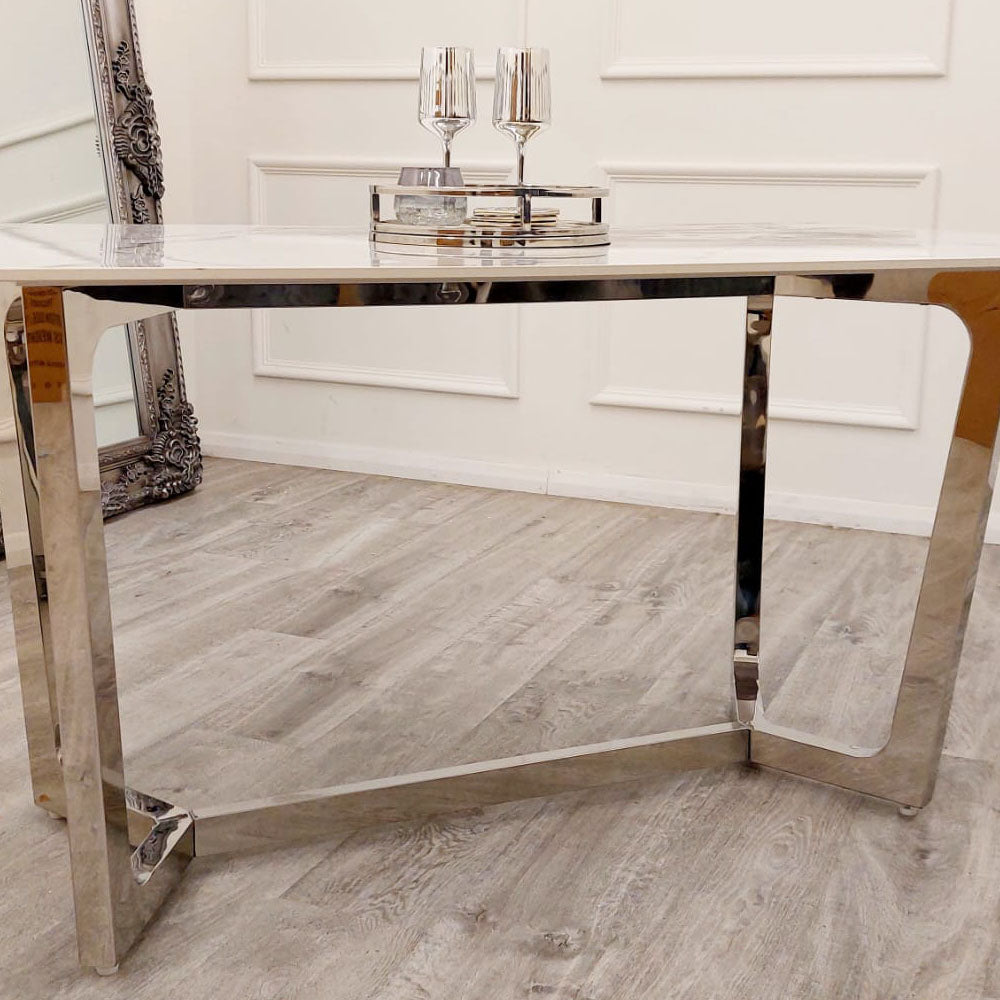 Lucien Chrome Dining Table 1.6m | Polar White Sintered Stone Top