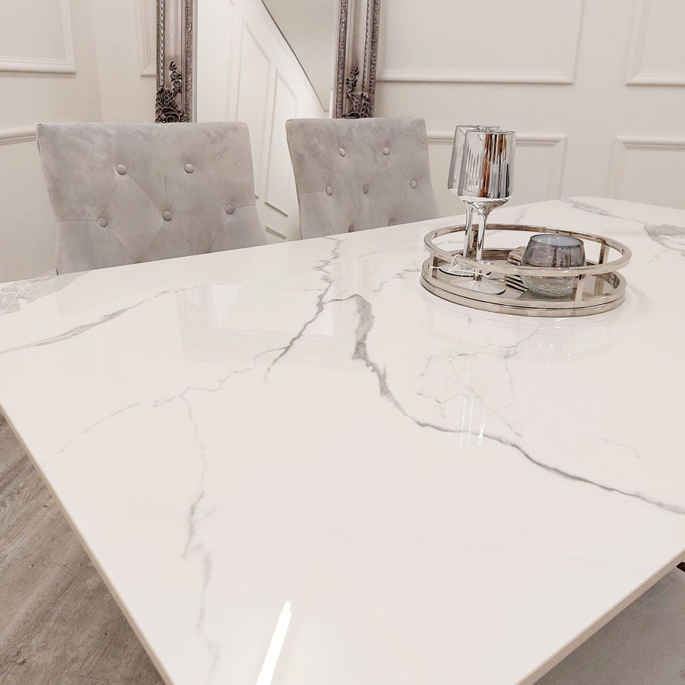 Lucien Chrome Dining Table 1.6m | Polar White Sintered Stone Top