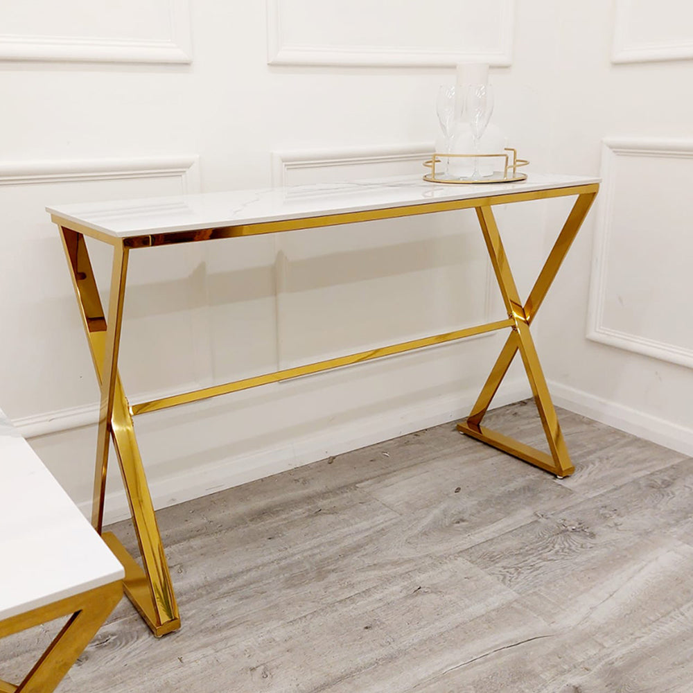 **PROMO** Geo Gold Console Table with Polar White Sintered Top