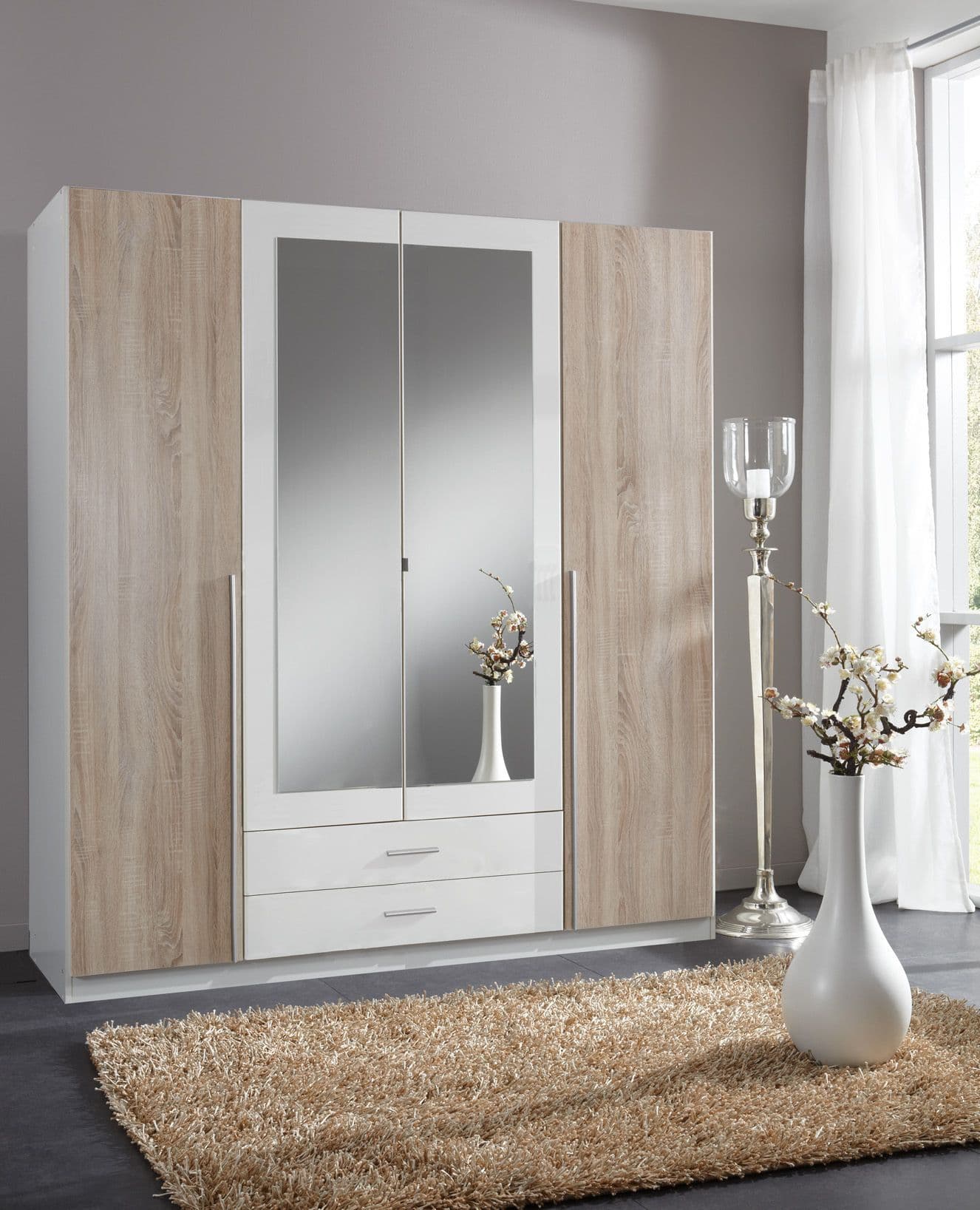 Urabnest White and Oak Effect 4 Door / 2 Drawer Wardrobe