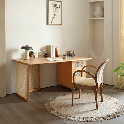 Anya Office Desk With Storage & Office Chair, Ash Wood & Rattan