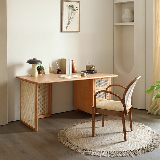 Anya Office Desk With Storage & Office Chair, Ash Wood & Rattan