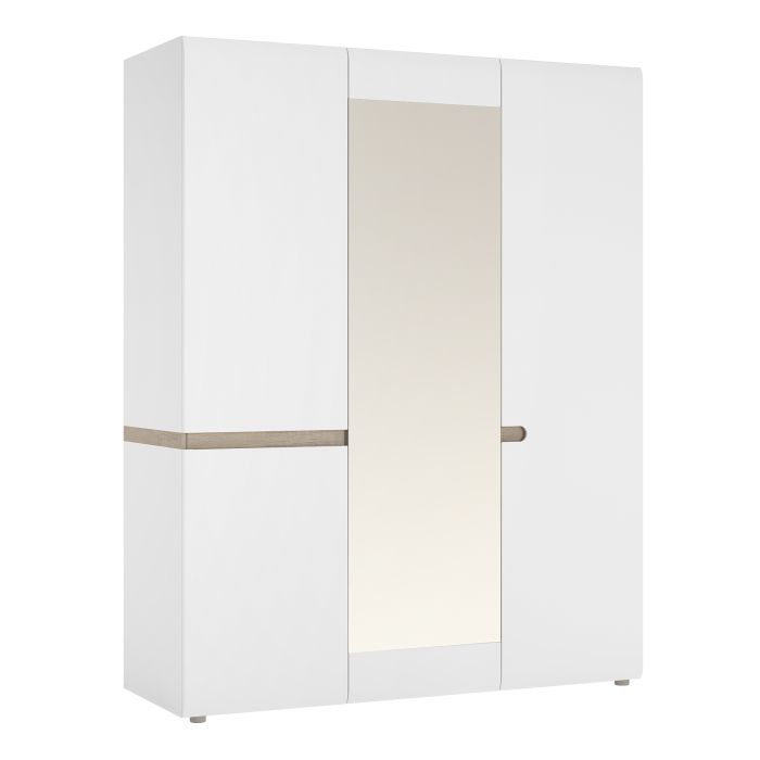 Chelsea Bedroom 3 Door Wardrobe with Mirror in White with a Truffle Oak Trim
