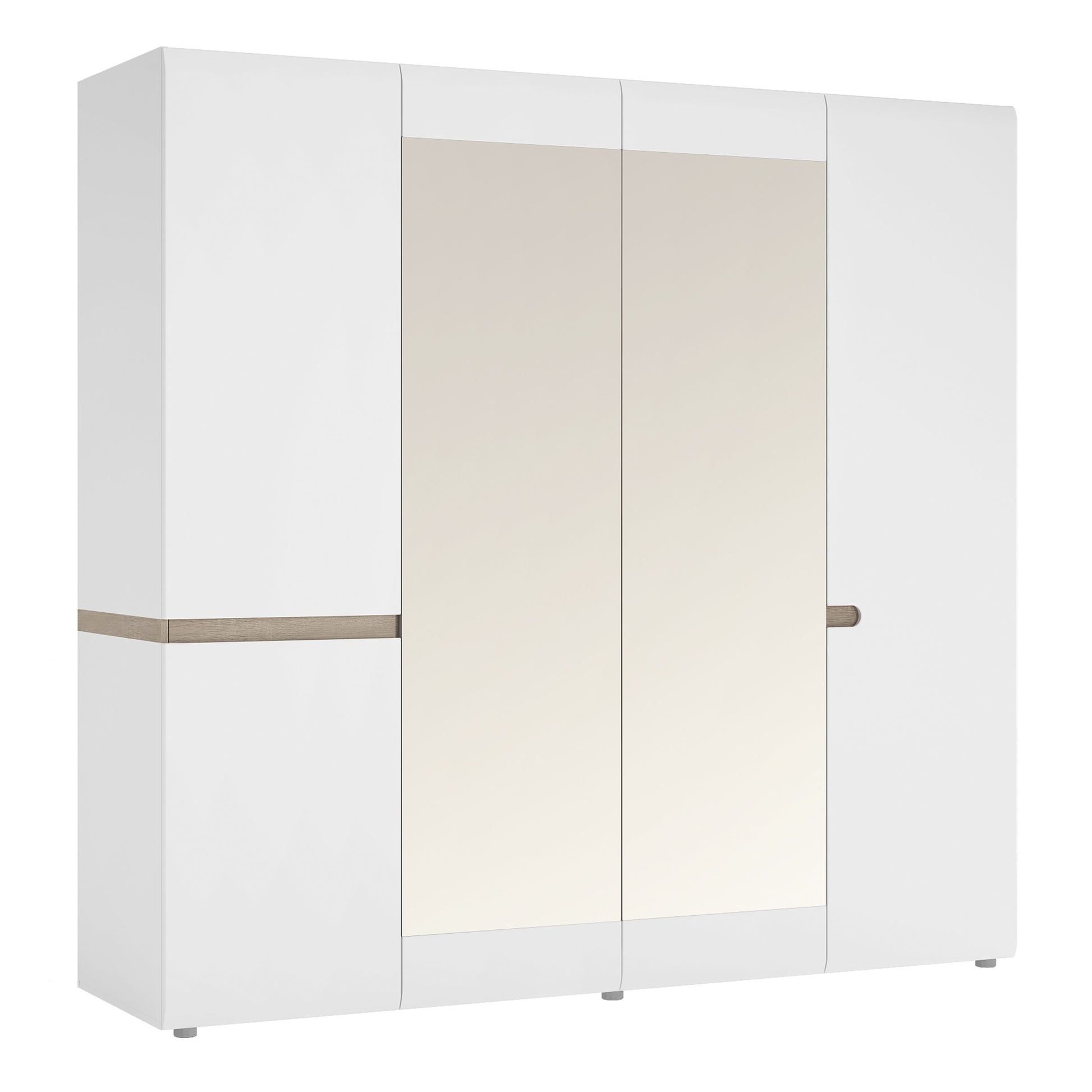 Chelsea Bedroom 4 Door Wardrobe with Mirrors in White with a Truffle Oak Trim
