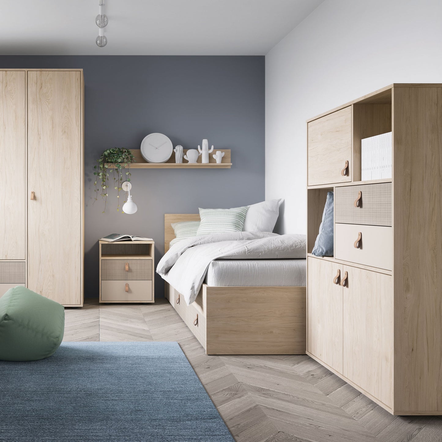 Denim Bed with 1 Drawer in Light Walnut, Grey Fabric Effect and Cashmere 90cm / 120 cm