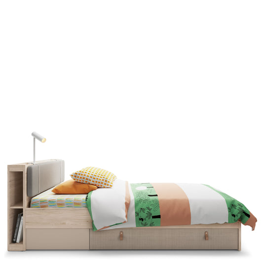 Denim  Bed with 1 Drawer in Light Walnut, Grey Fabric Effect and Cashmere
