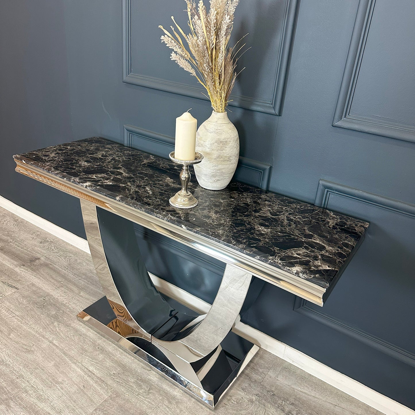 Arial Console Table 1.4m - Black | White Marble Top