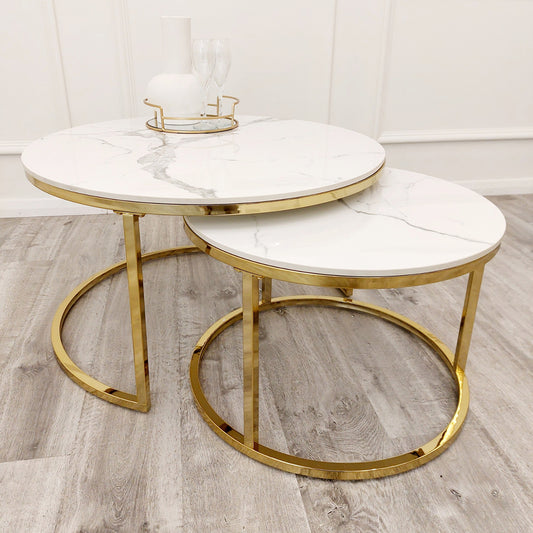 Cato Nest of 2 Short Round Coffee Gold Tables with Polar White Sintered Stone Tops

