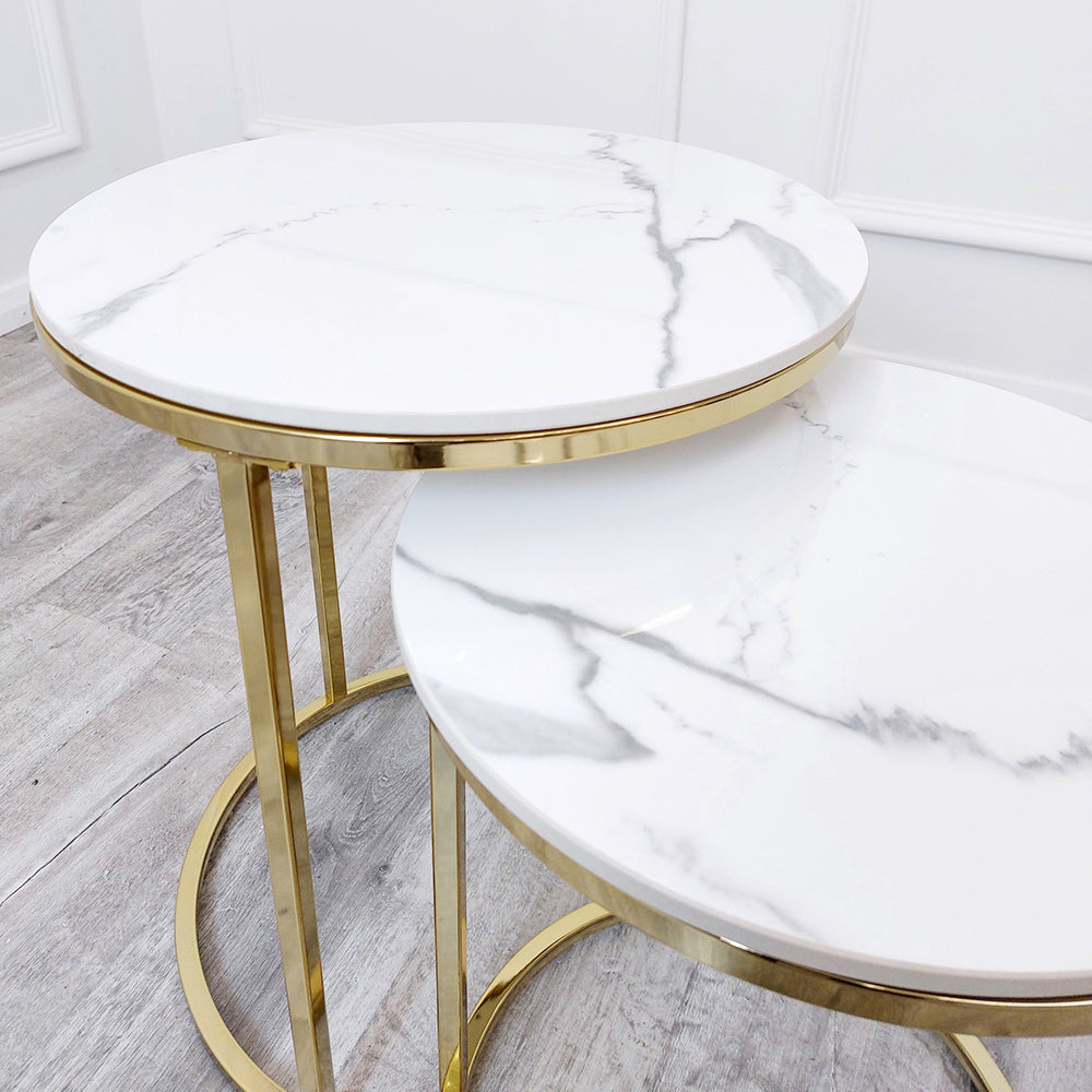 Cato Nest of 2 Short Round Coffee Gold Tables with Polar White Sintered Stone Tops
