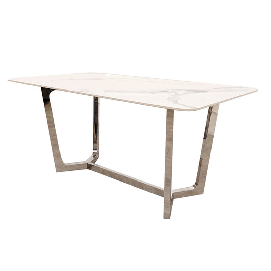 Lucien Chrome Dining Table 1.6m | Polar White Sintered Stone Top
